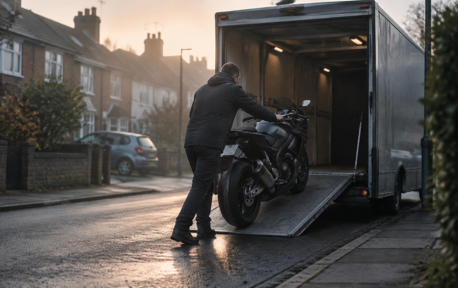 A motorcycle being loaded into an enclosed transport van